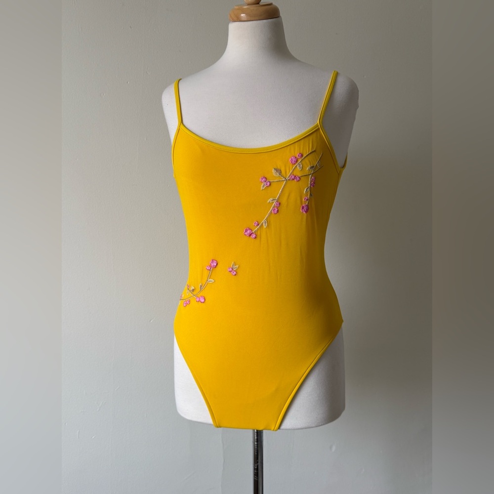 Oscar de la Renta Yellow One-Piece Swimsuit with Pink Floral Embroidery